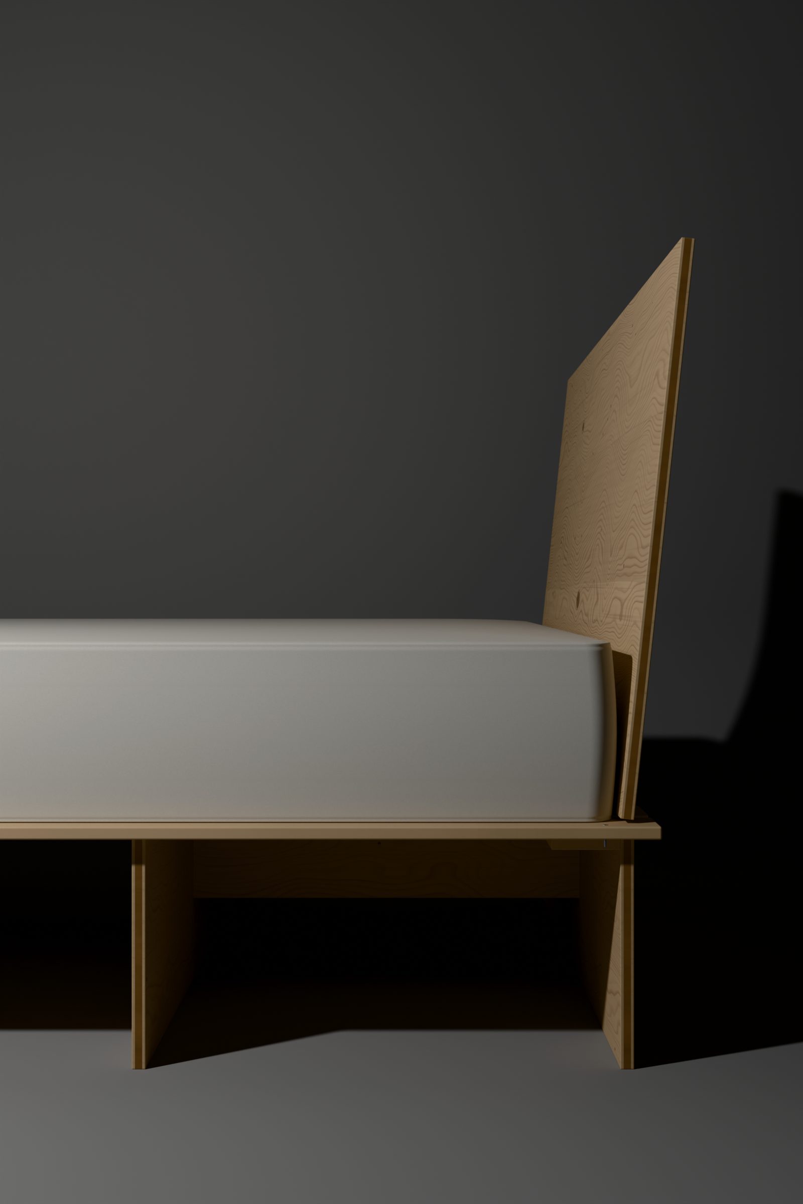 Bett aus Fichte, Rendering: Seitenansicht am Kopfende