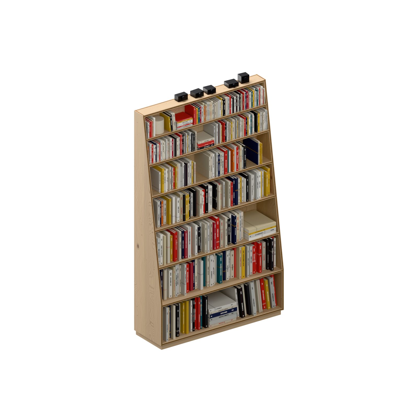 Bücherregal aus Fichte, Rendering, bestückt