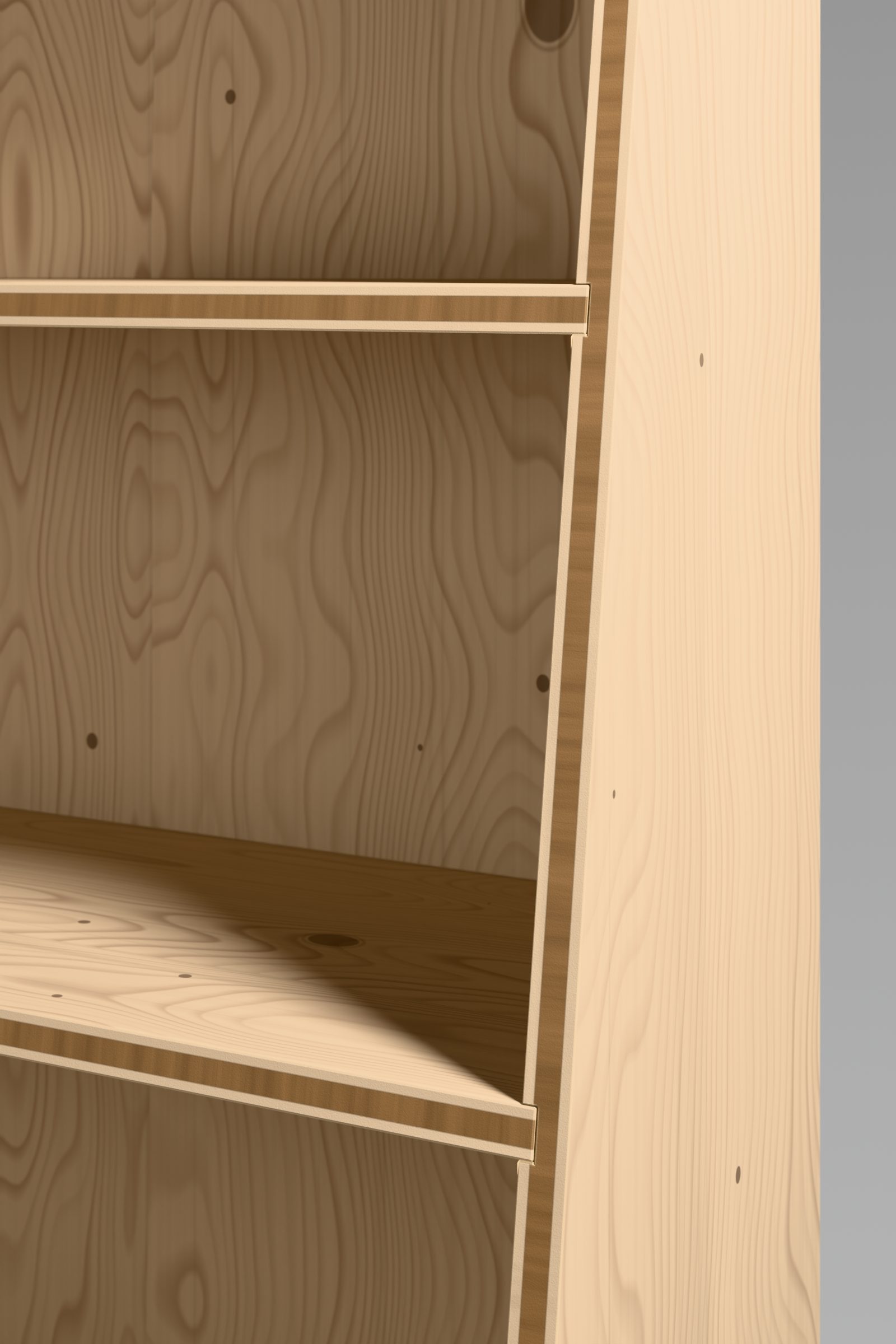 Bücherregal aus Fichte, Rendering: Brettstirnen in der Schräge